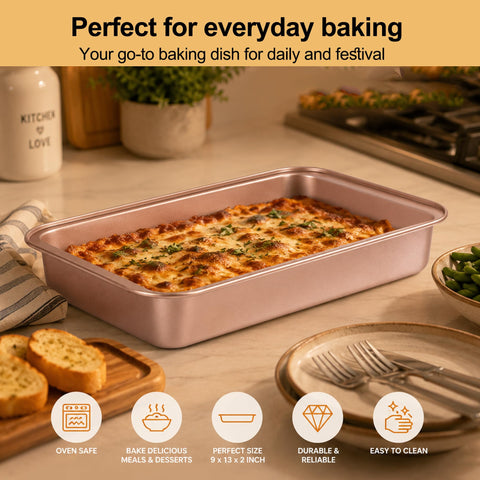 Barlket pan next to ruler showing 13x9 size for recipe compatibility and accurate portioning