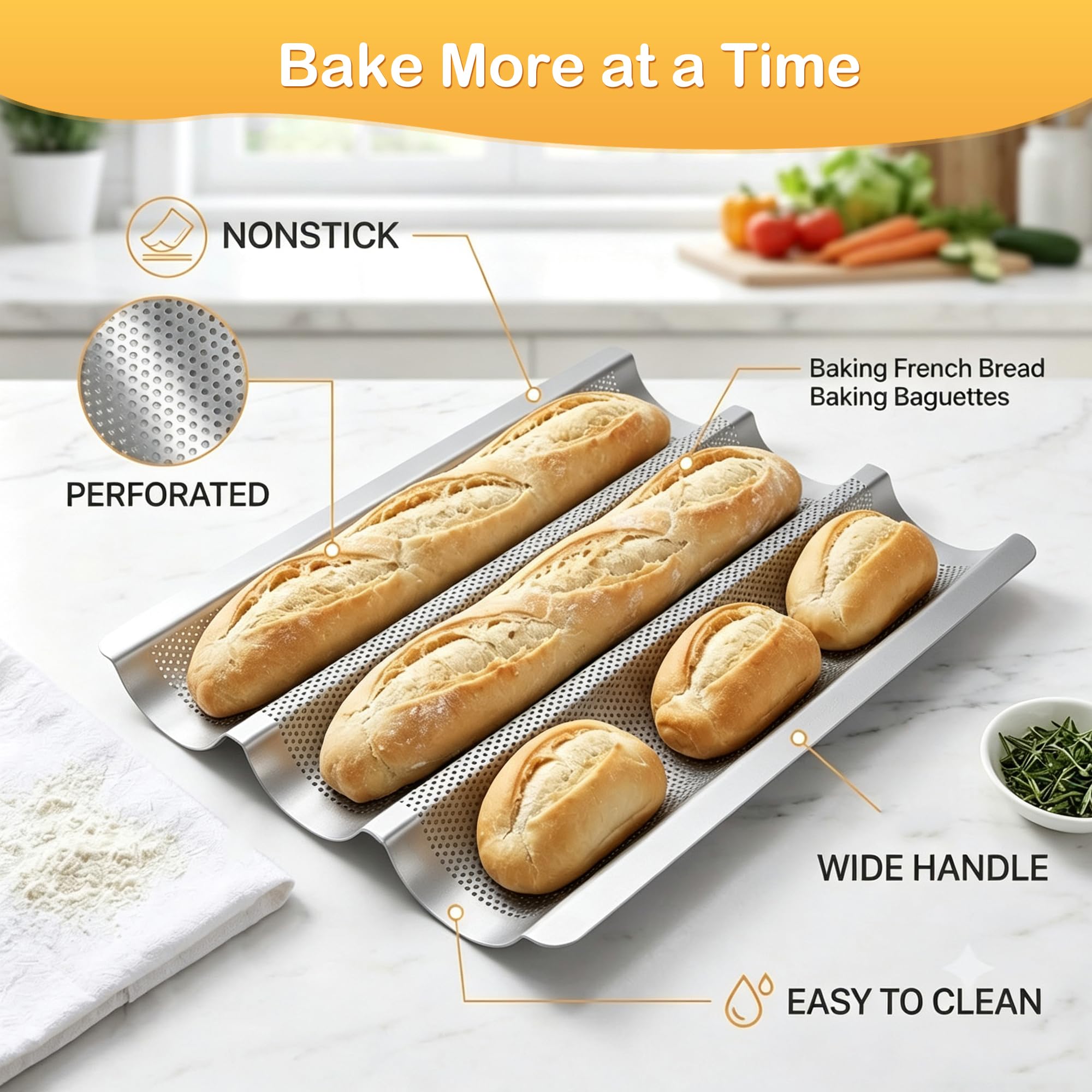 Barlket pan with three freshly baked baguettes highlighting uniform shape