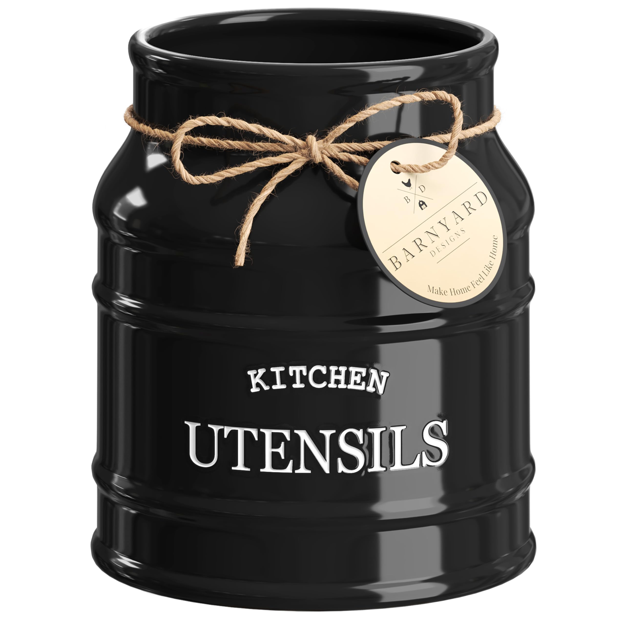 Barnyard Designs front view showing black ceramic crock for organized utensils