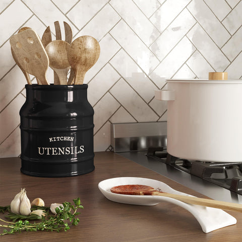 Barnyard Designs utensil holder beside coffee mug for size comparison