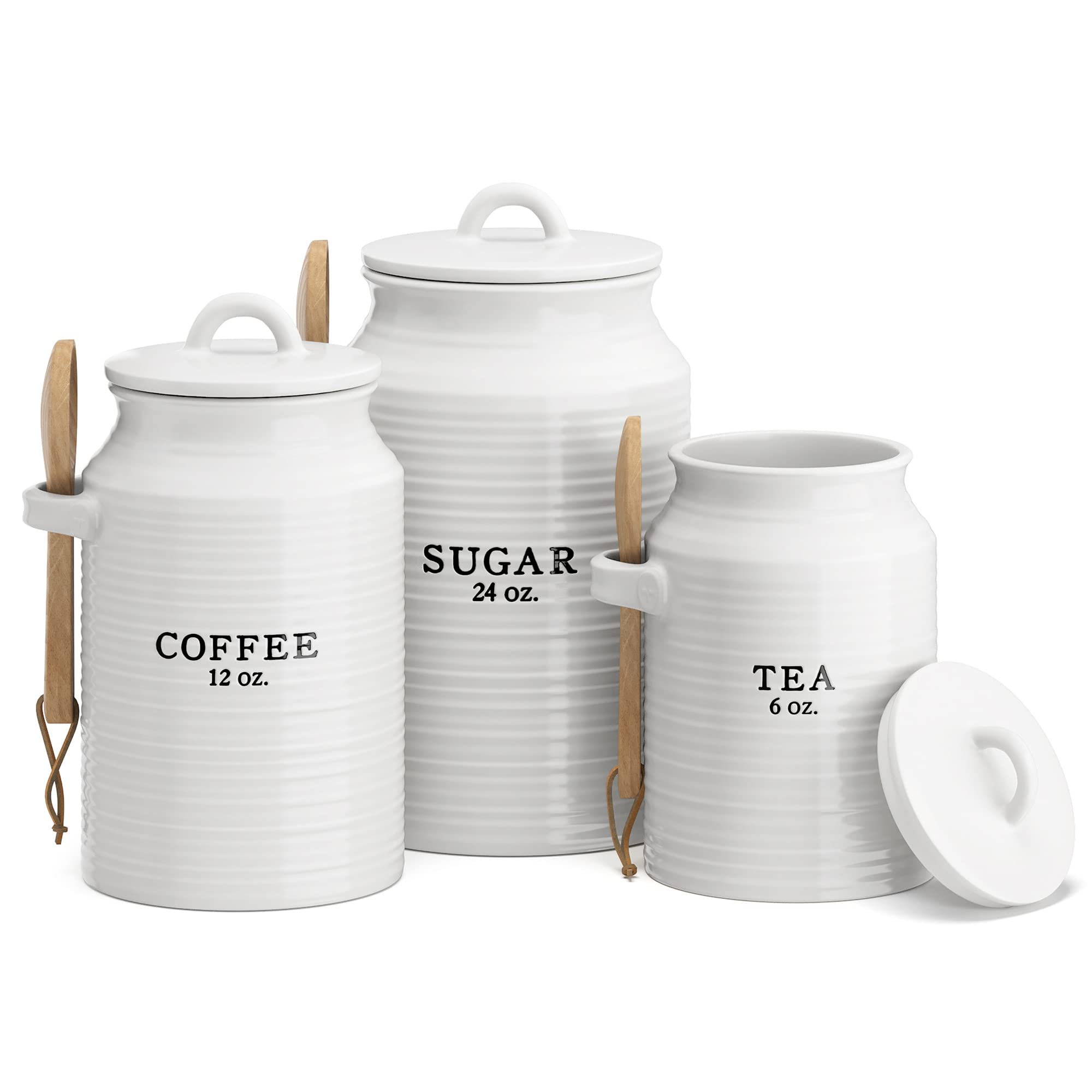 Barnyard Designs front view of three white canisters for tidy storage
