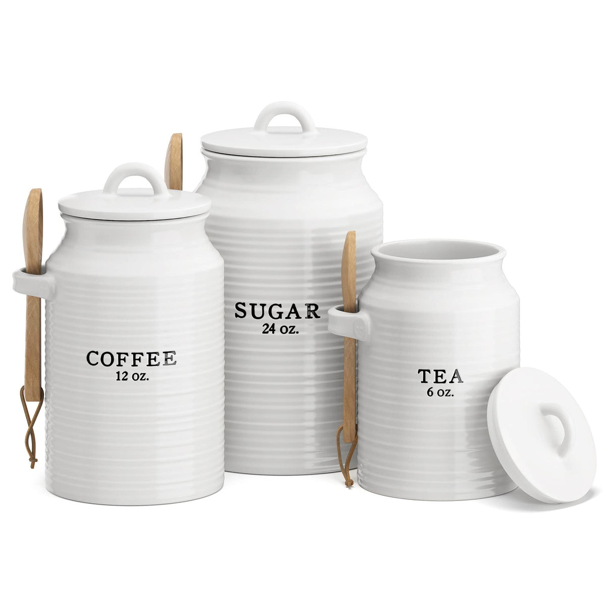 Barnyard Designs front view of three white canisters for tidy storage