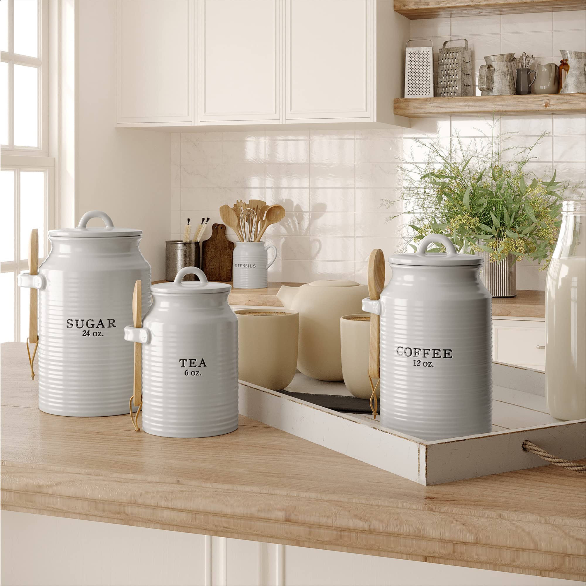 Barnyard Designs canisters staged at coffee station to organize ingredients