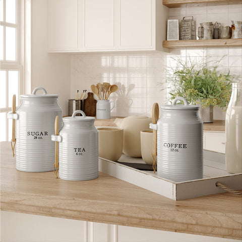 Barnyard Designs canisters staged at coffee station to organize ingredients