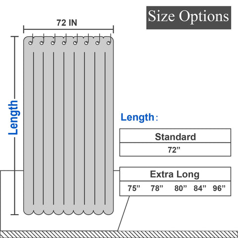 Barossa Design curtain length compared to tub showing full 84-inch coverage for taller showers