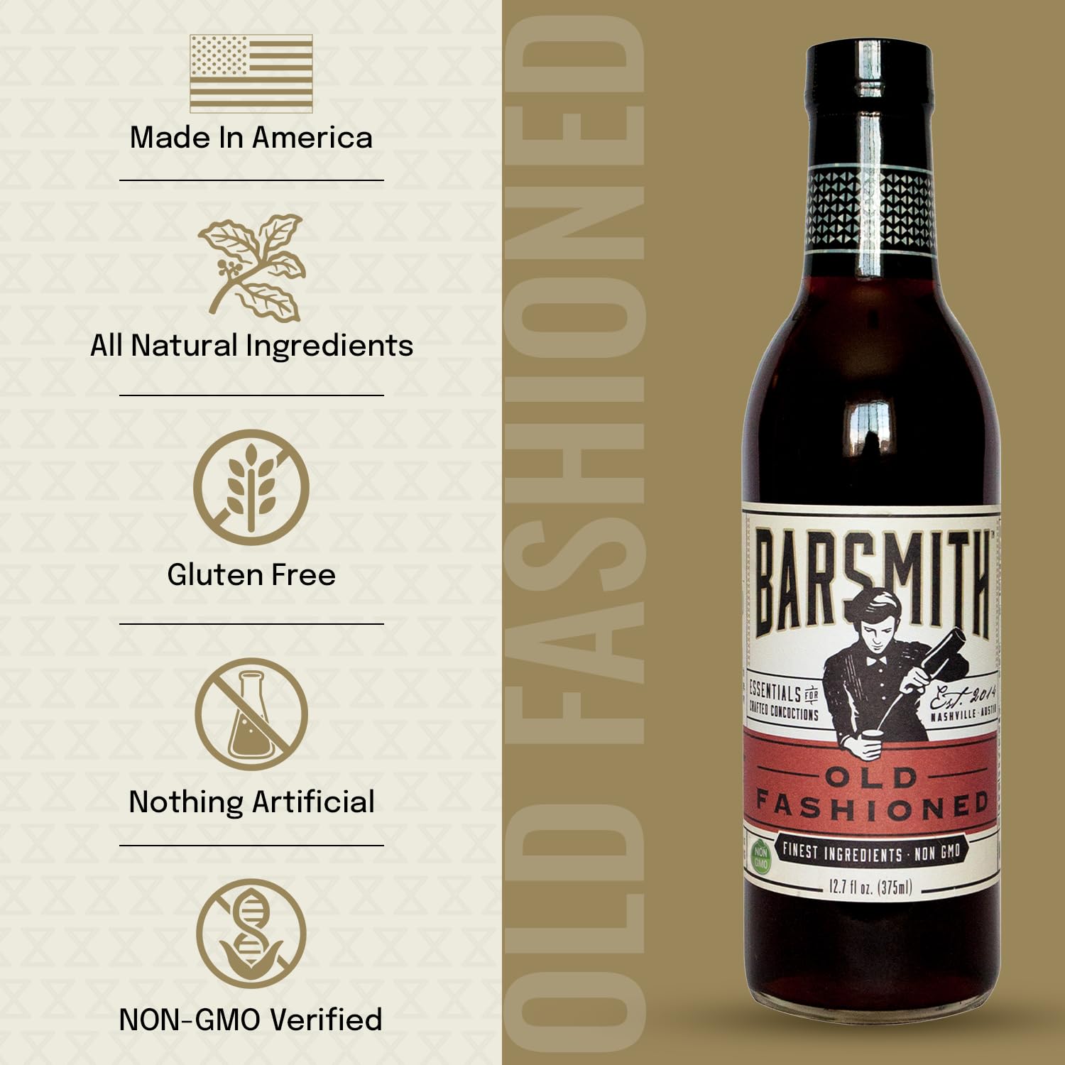 Barsmith bottle beside finished Old Fashioned glass showing serving suggestion benefit