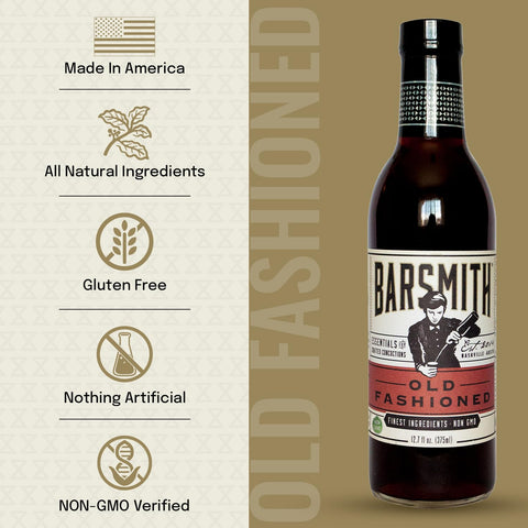 Barsmith bottle beside finished Old Fashioned glass showing serving suggestion benefit
