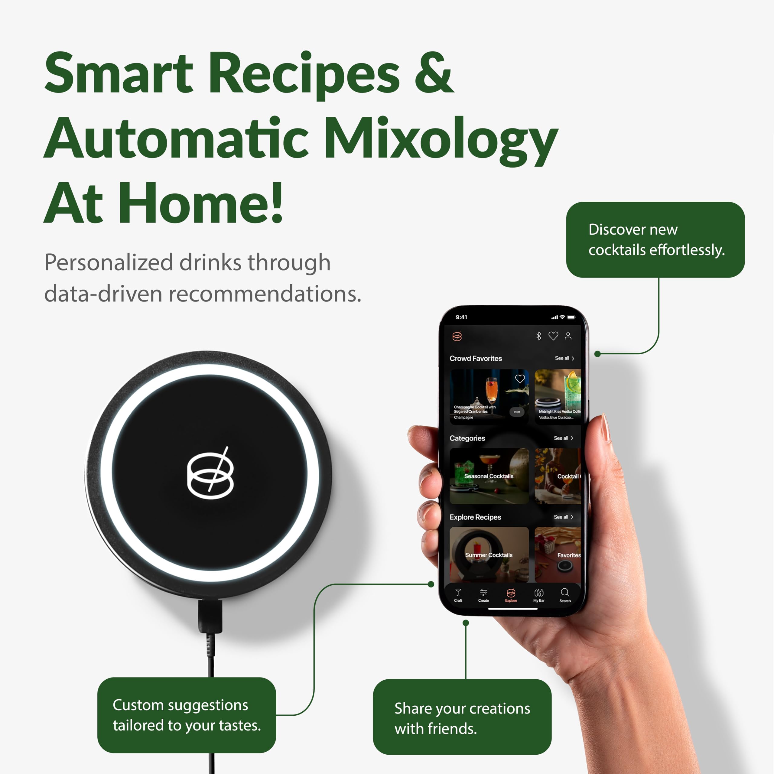 Barsys app pairing screen with coaster highlighting recipe access and smart control
