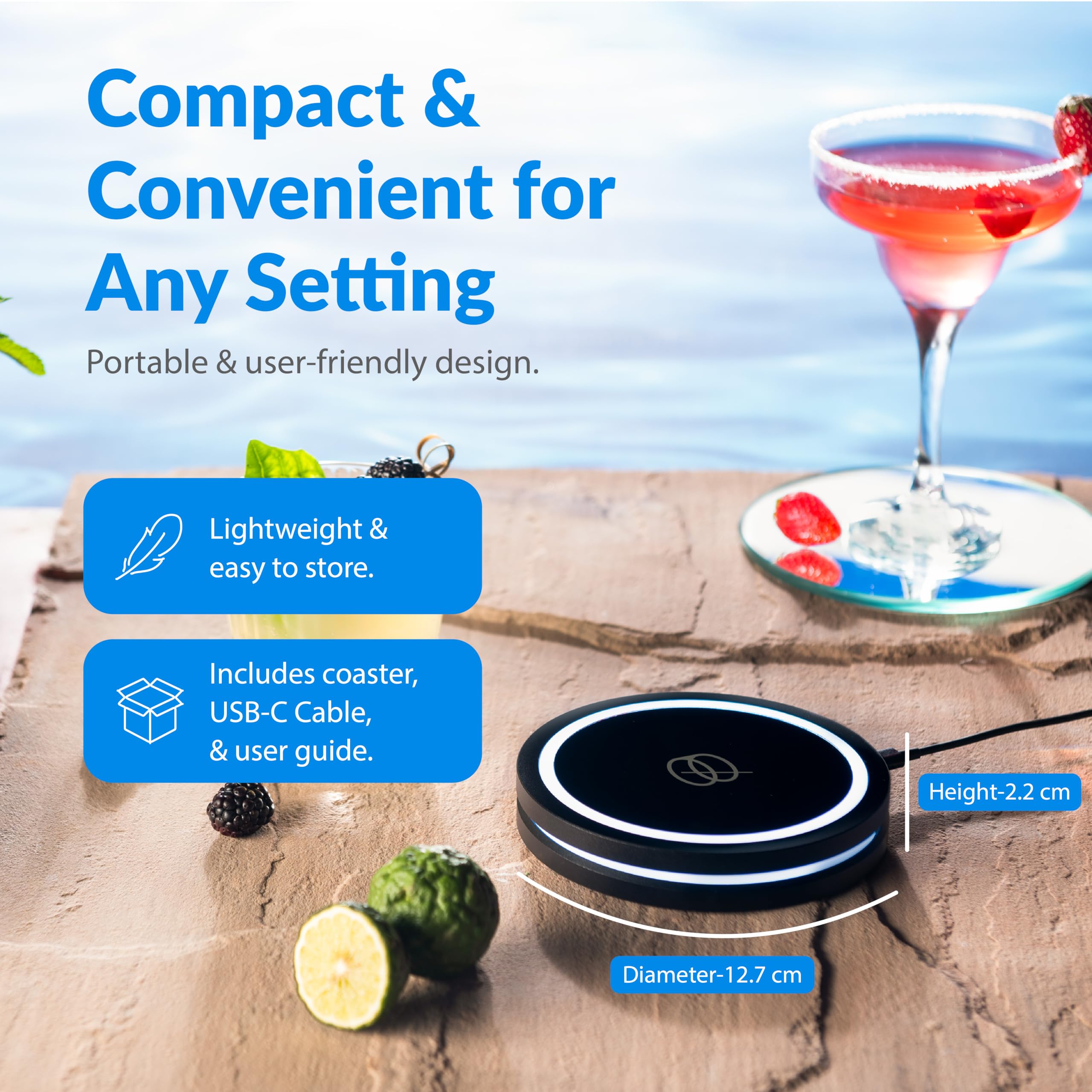 Barsys coaster next to glass for size comparison showing portable scale and convenience