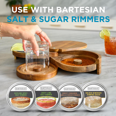 Bartesian rimmer placed on home bar with glassware showing premium cocktail presentation