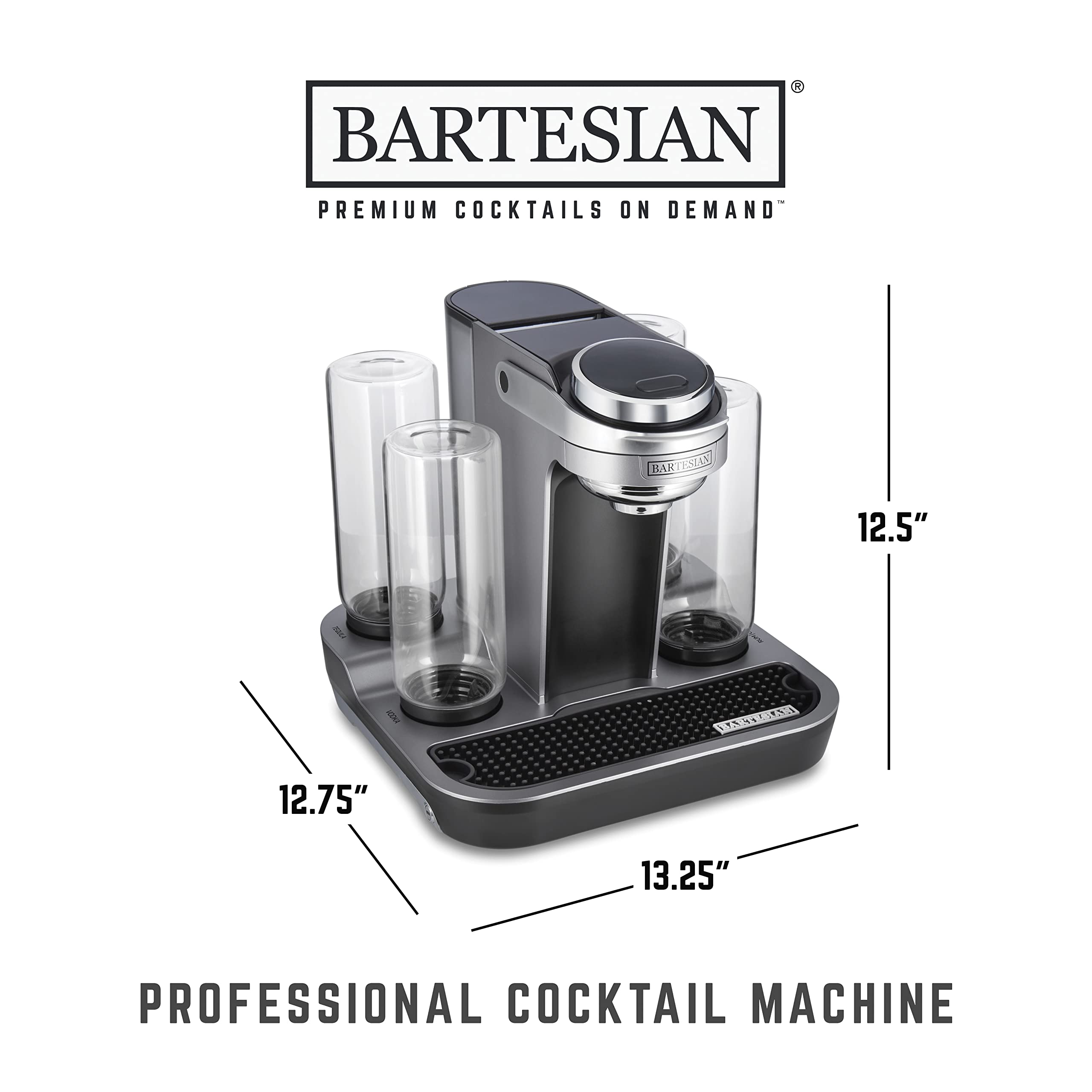 Bartesian beside a drinking glass for scale showing compact countertop footprint