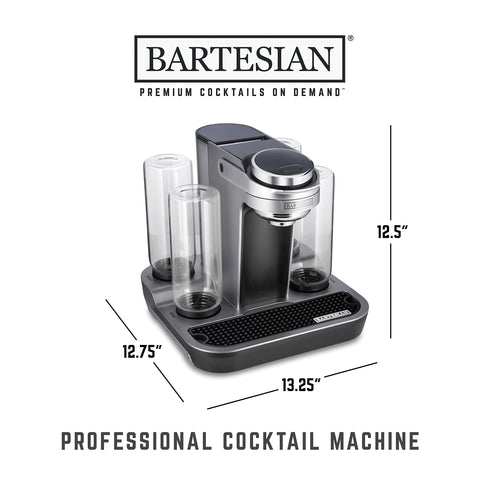 Bartesian beside a drinking glass for scale showing compact countertop footprint