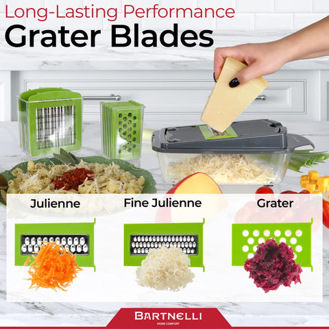 Bartnelli chopper in use cutting onions, illustrates faster meal prep