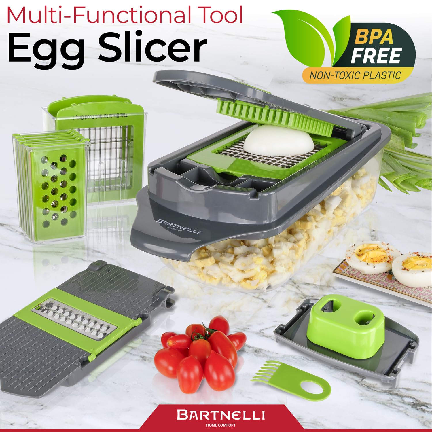 Bartnelli organized storage with blades inside container, reduces countertop clutter