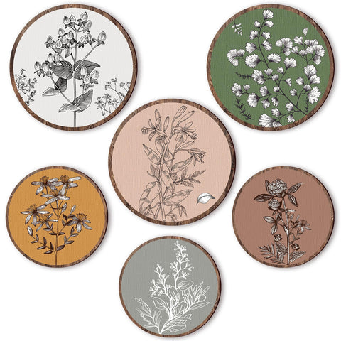 Barydat front display of six boho wooden botanical discs showcasing warm tones and harmony