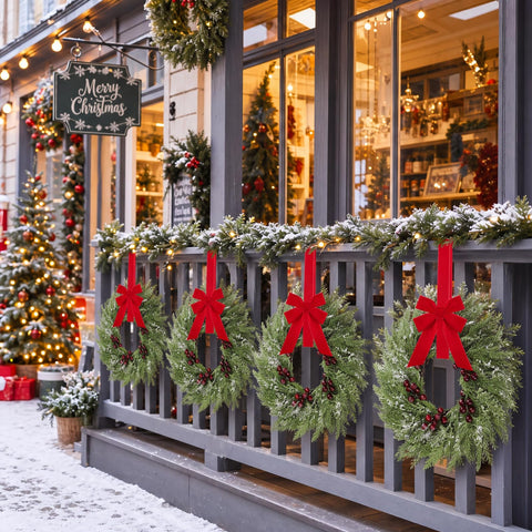 Barydat wreath hanging from window latch adding seasonal charm and color