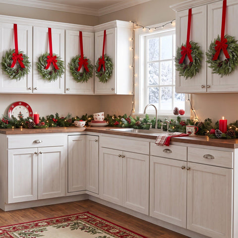 Barydat kitchen cabinets lined with matching wreaths for cohesive decor
