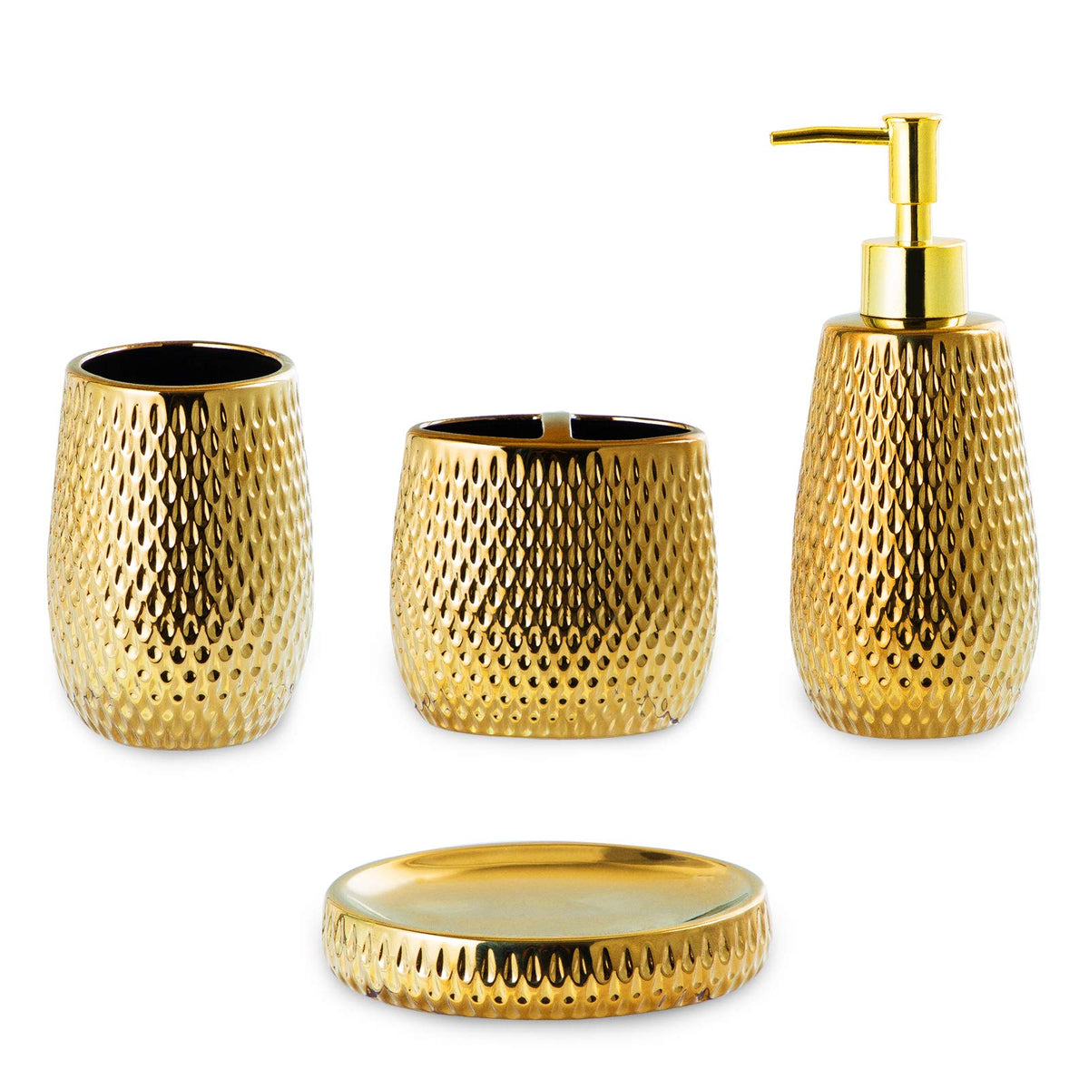 BASDHE gold front view showing all four matching pieces and polished finish for elegant sink styling