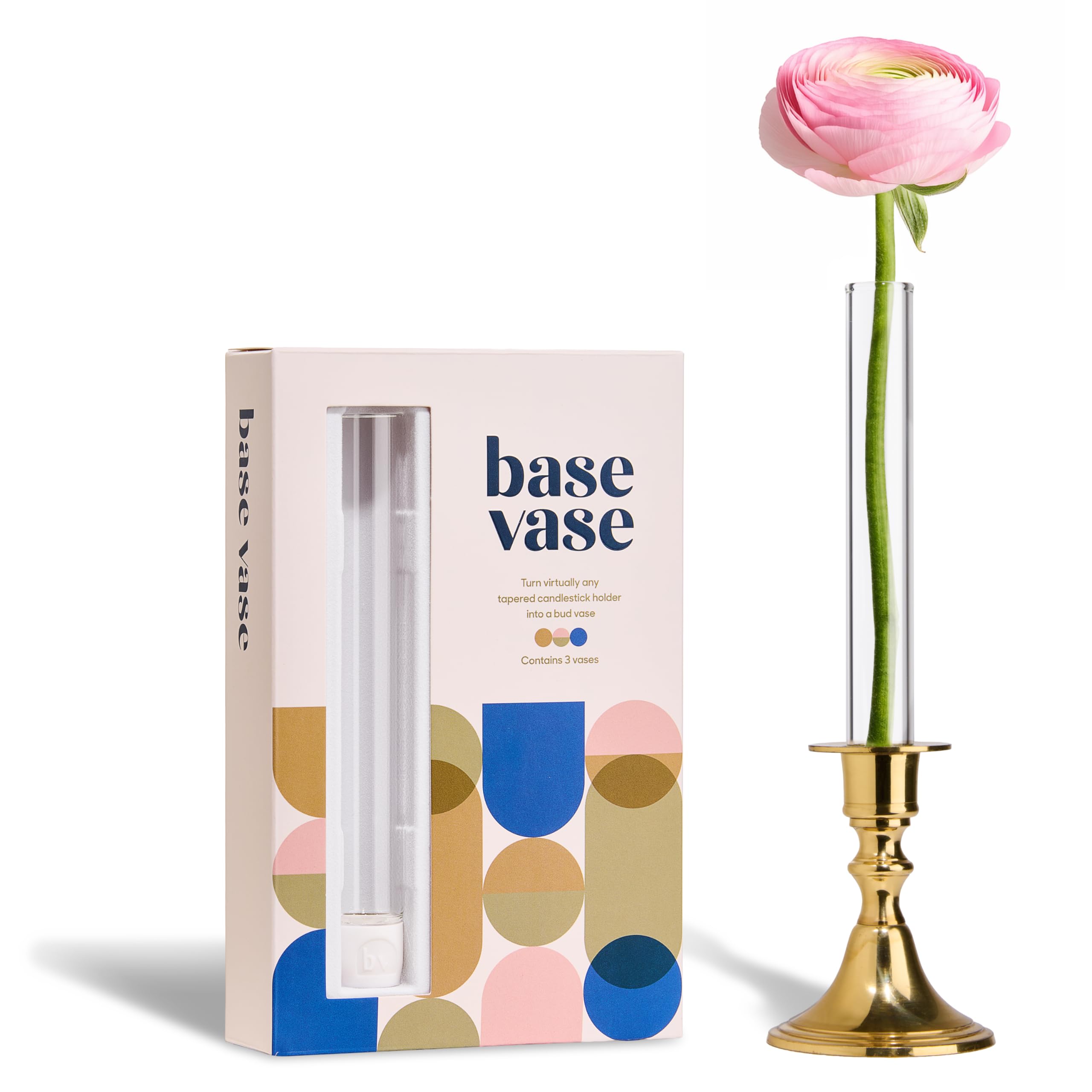 Base Vase front packaging showing three clear glass bud vases and silicone bases for easy styling