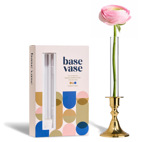 Base Vase front packaging showing three clear glass bud vases and silicone bases for easy styling