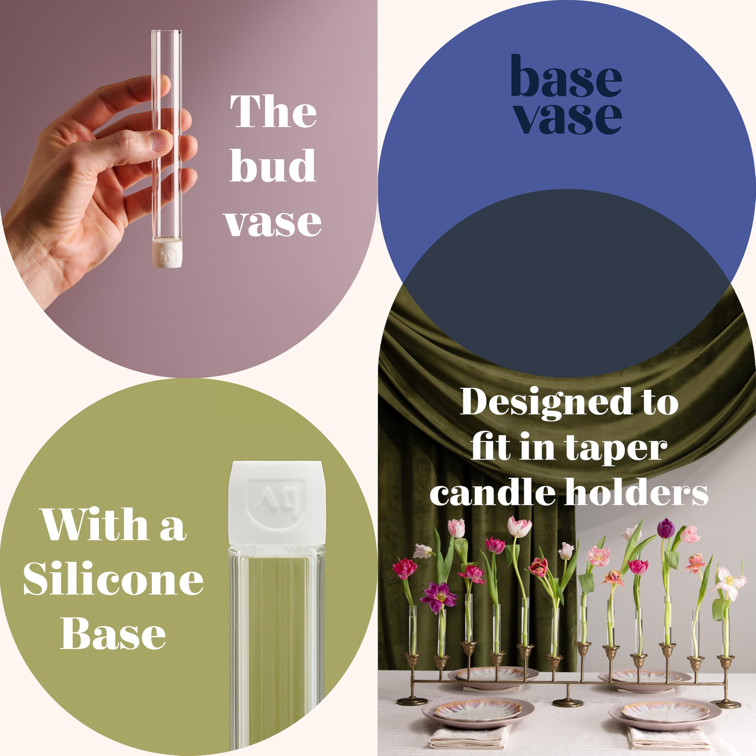 Base Vase installed in a brass taper holder creating instant floral centerpiece appeal