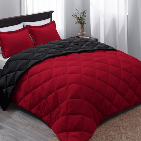 Basic Beyond comforter front view showing bold red face and neat finish