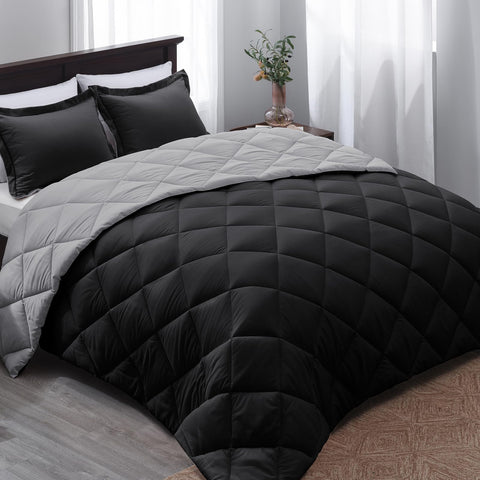 Basic Beyond front view of black comforter set on bed, shows sleek styling and coverage