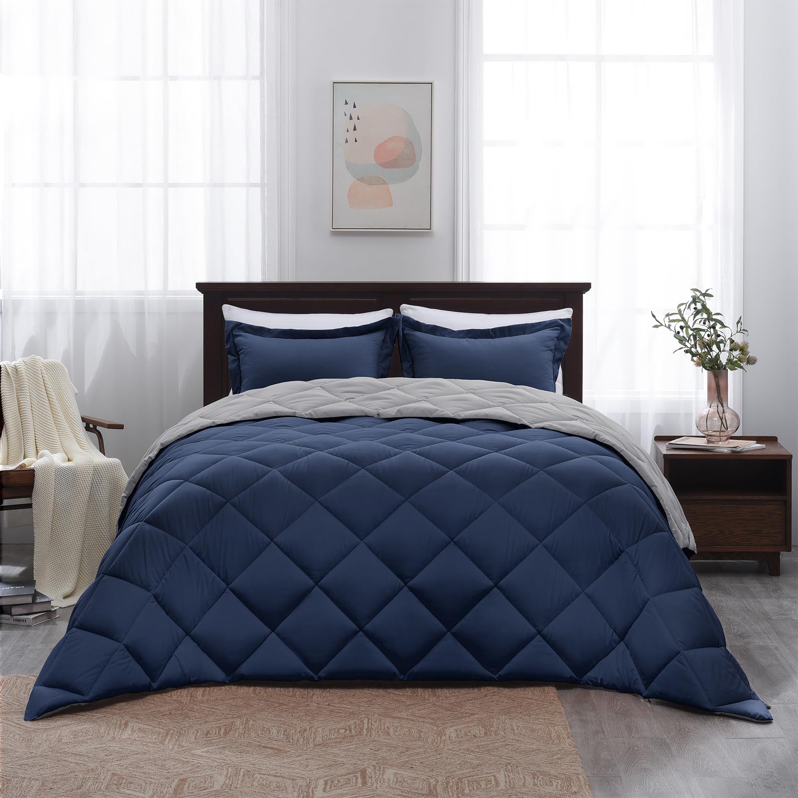 Basic Beyond comforter on queen bed for scale and full coverage benefit