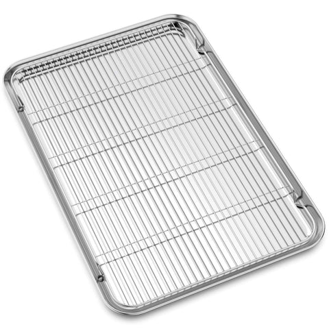 Bastwe front view of full 24x16 inch baking sheet and cooling rack, durable