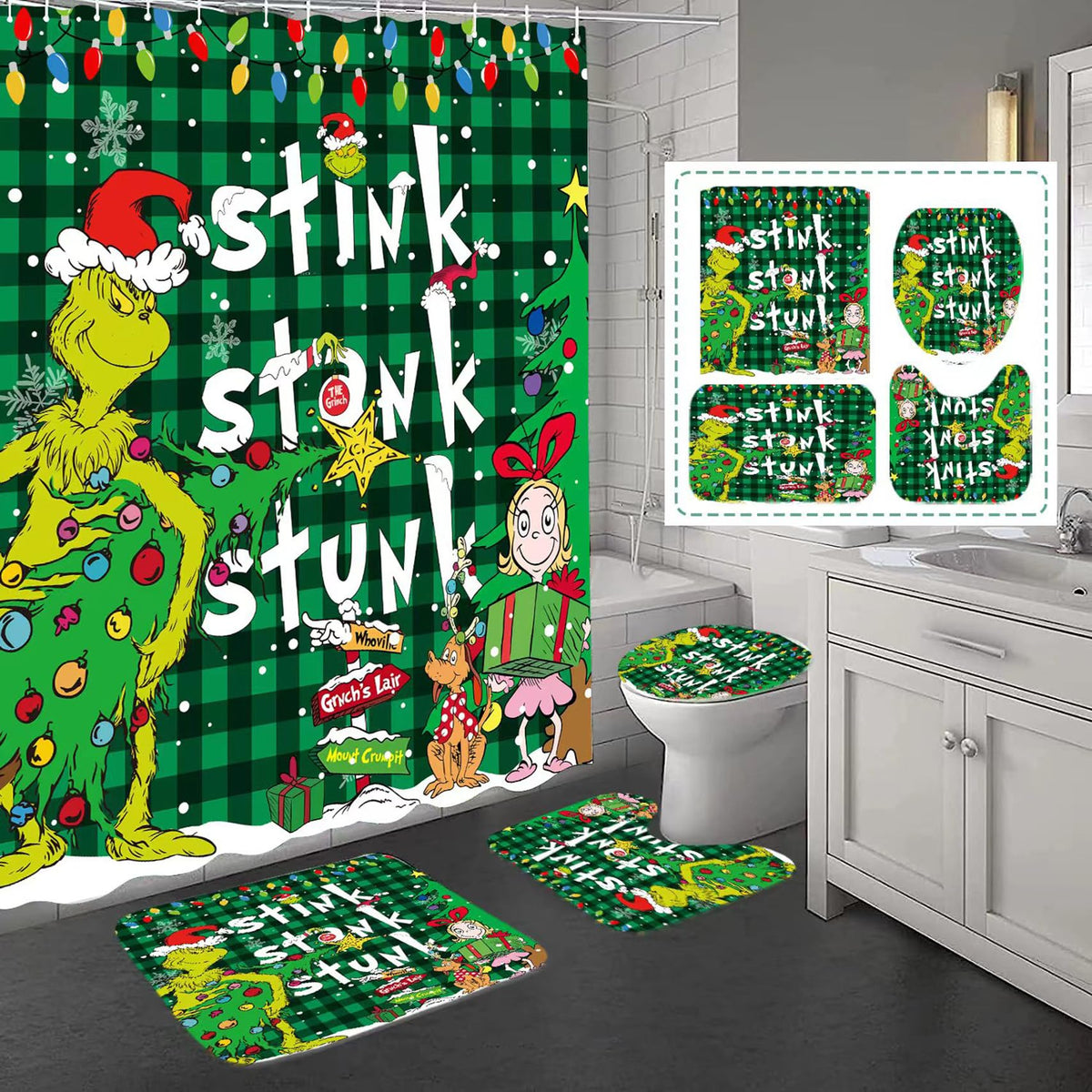 BATERZO shower curtain front view showing full green holiday scene and easy-install benefit
