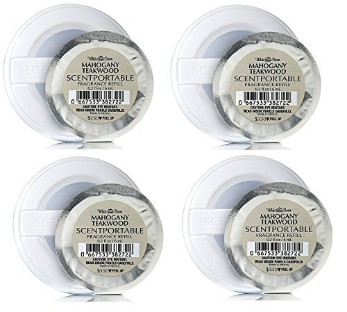 Bath & Body Works front packaging showing four Mahogany Teakwood refill discs and benefits