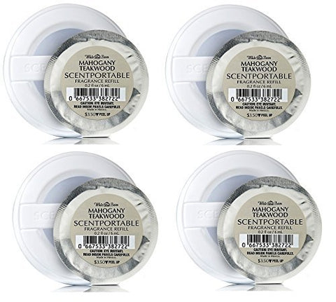 Bath & Body Works front packaging showing four Mahogany Teakwood refill discs and benefits