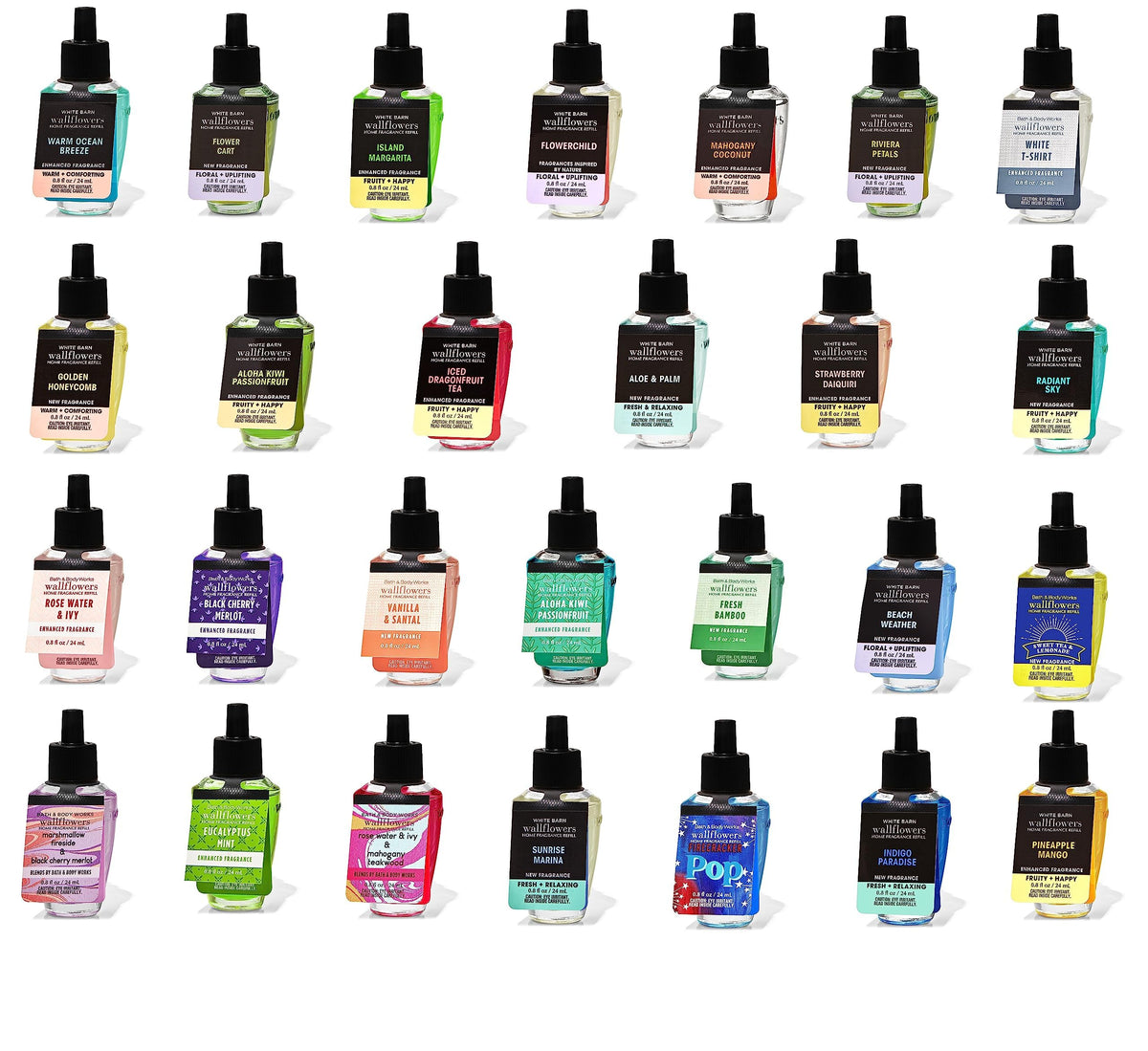 Bath & Body Works pack front view showing six assorted Wallflower refills and variety benefit