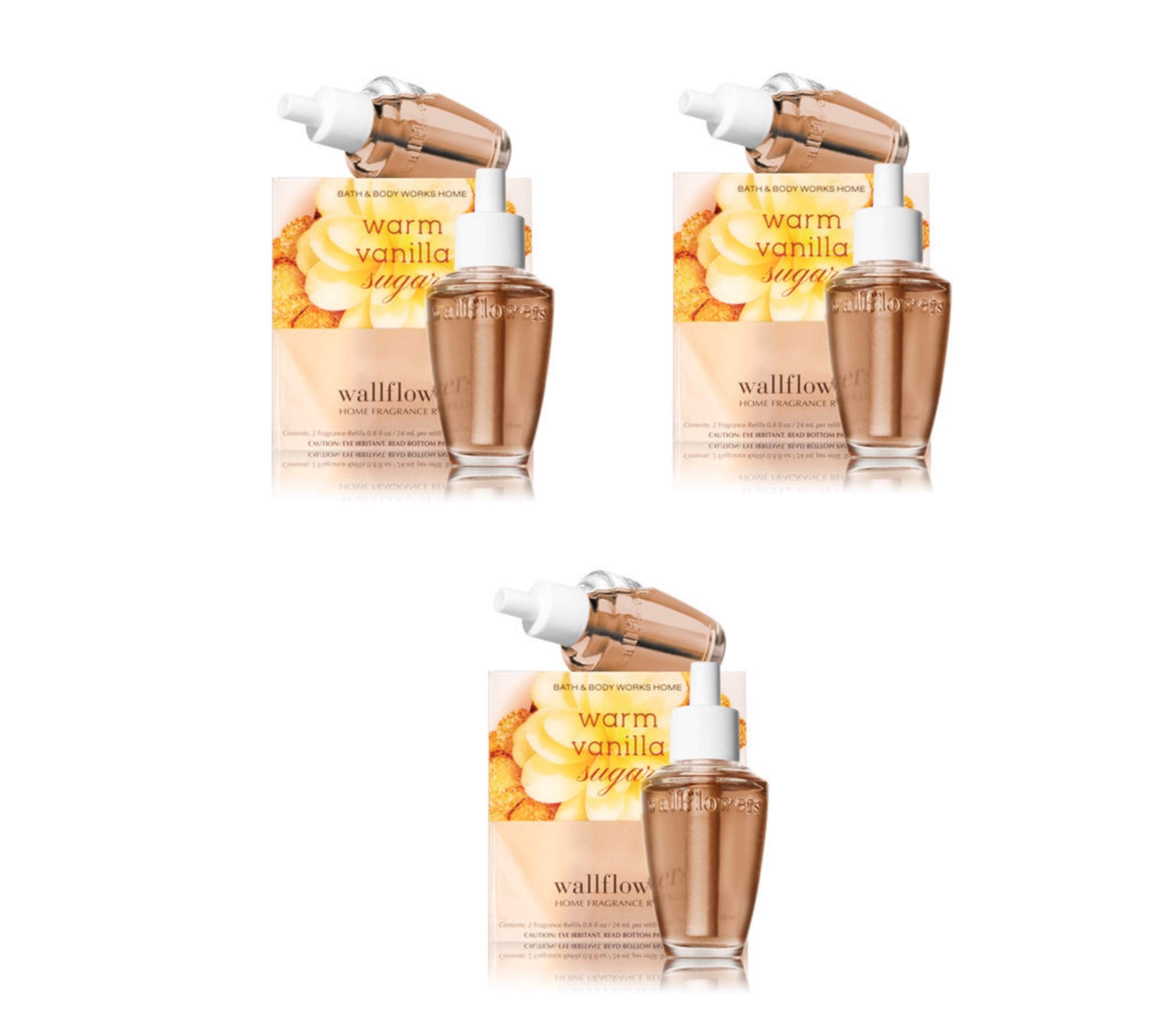 Bath & Body Works front packaging showing six Warm Vanilla Sugar refill bulbs and cozy scent benefit
