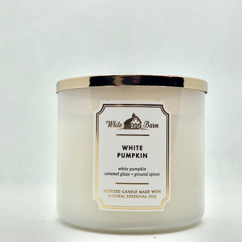 Bath & Body Works white pumpkin candle front view shows jar and festive decoration, enhances decor