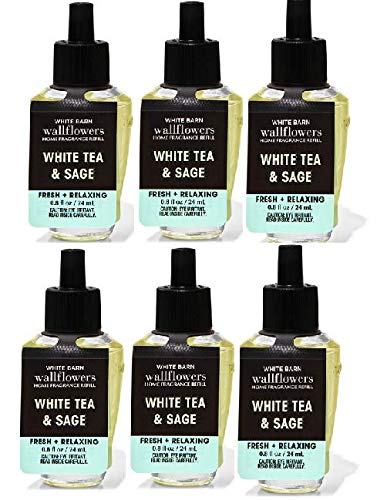 Bath & Body Works front view of six White Tea & Sage refill bottles showing labels and size, convenient refill pack