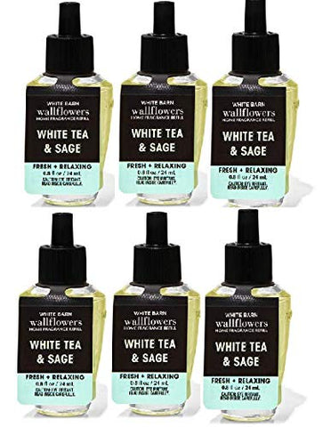 Bath & Body Works front view of six White Tea & Sage refill bottles showing labels and size, convenient refill pack