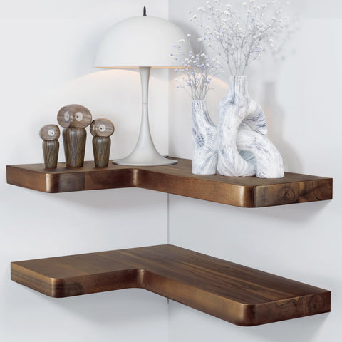 BATODA acacia corner shelf front view showing walnut finish and L-shape, enhances room warmth