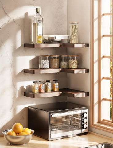 BATODA corner shelf styled in bathroom with decor, maximizes corner storage and style