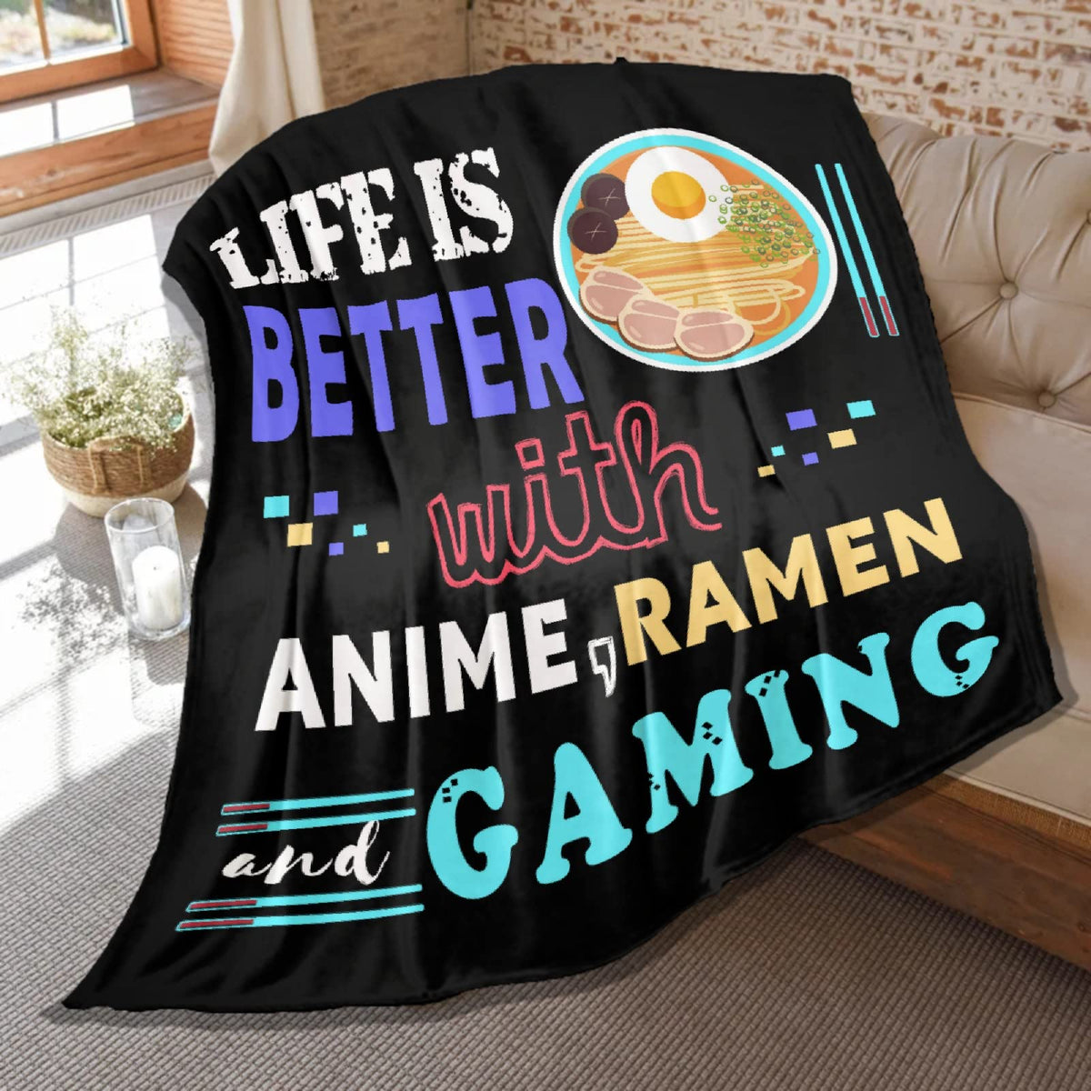 Batsujozaiku front view blanket showing full ramen gaming print and cozy appeal