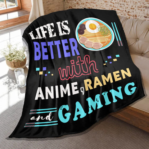 Batsujozaiku front view blanket showing full ramen gaming print and cozy appeal