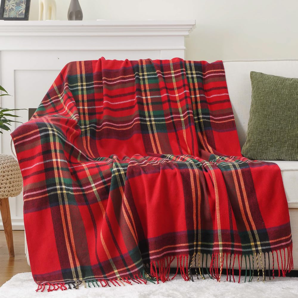 BATTILO HOME front view of red plaid throw showing festive pattern and packaging