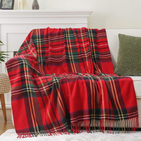BATTILO HOME front view of red plaid throw showing festive pattern and packaging