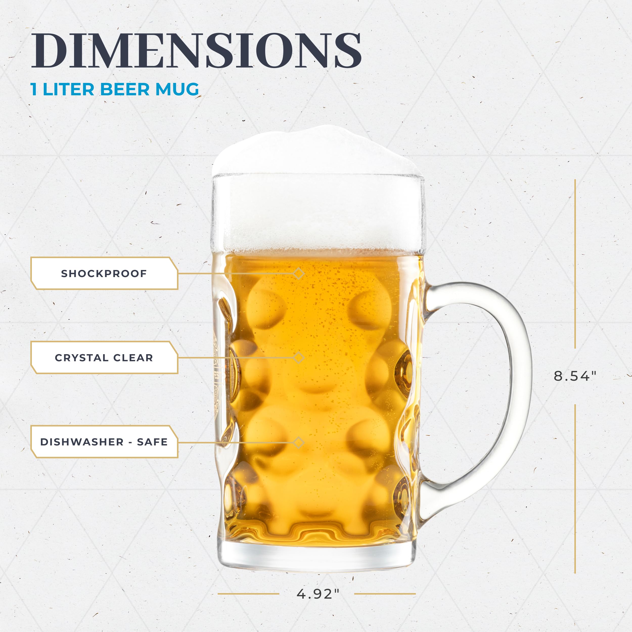 BAVARIA TRACHTEN size comparison beside a pint glass demonstrating true 1 liter capacity