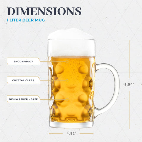 BAVARIA TRACHTEN size comparison beside a pint glass demonstrating true 1 liter capacity