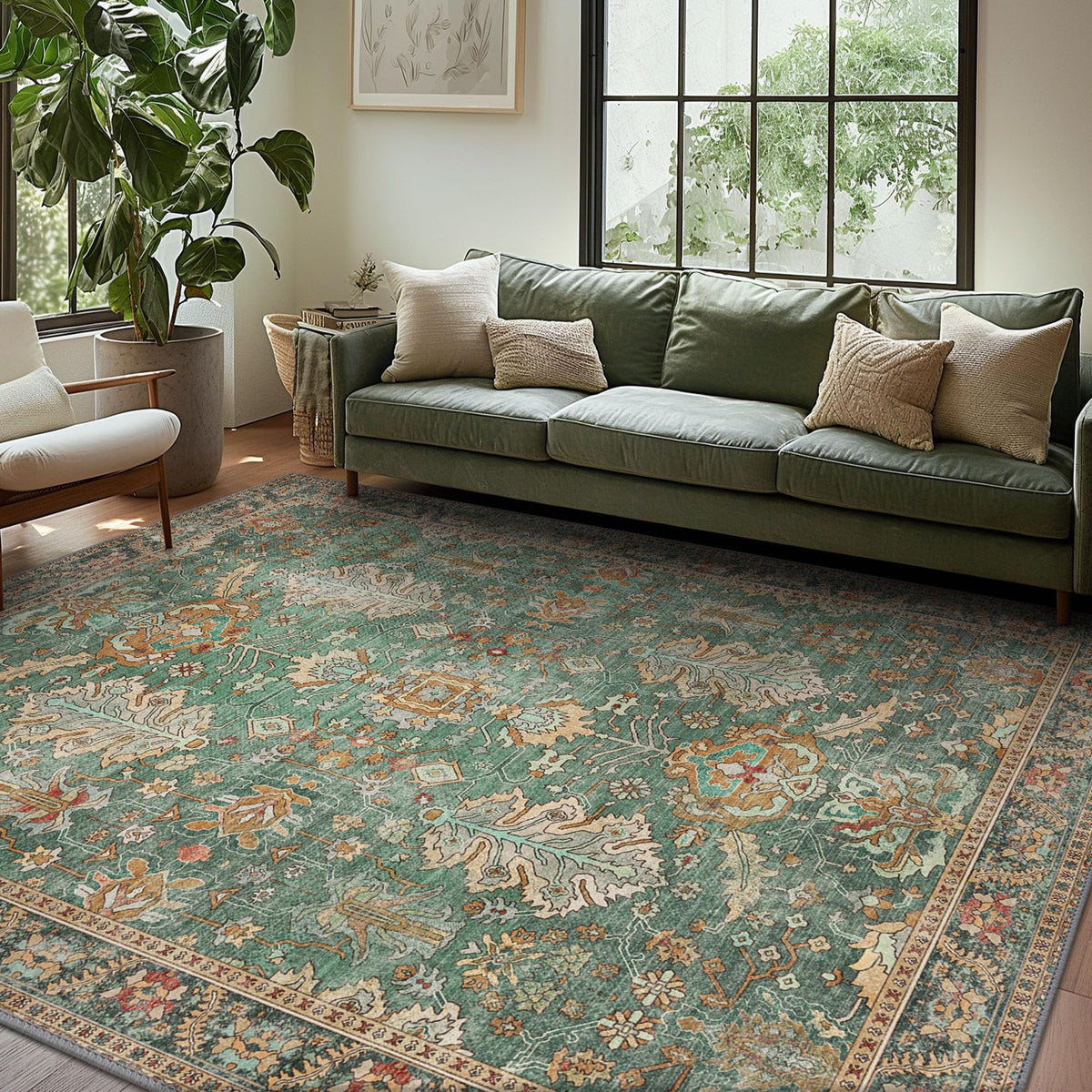 Bavni 8x10 rug front view showing dark sage and gold boho pattern and visual warmth