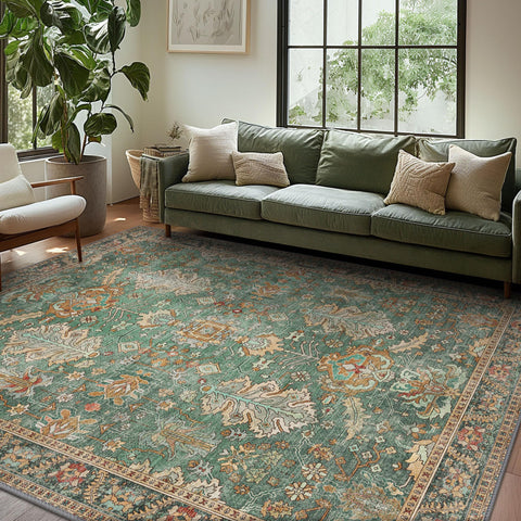 Bavni 8x10 rug front view showing dark sage and gold boho pattern and visual warmth