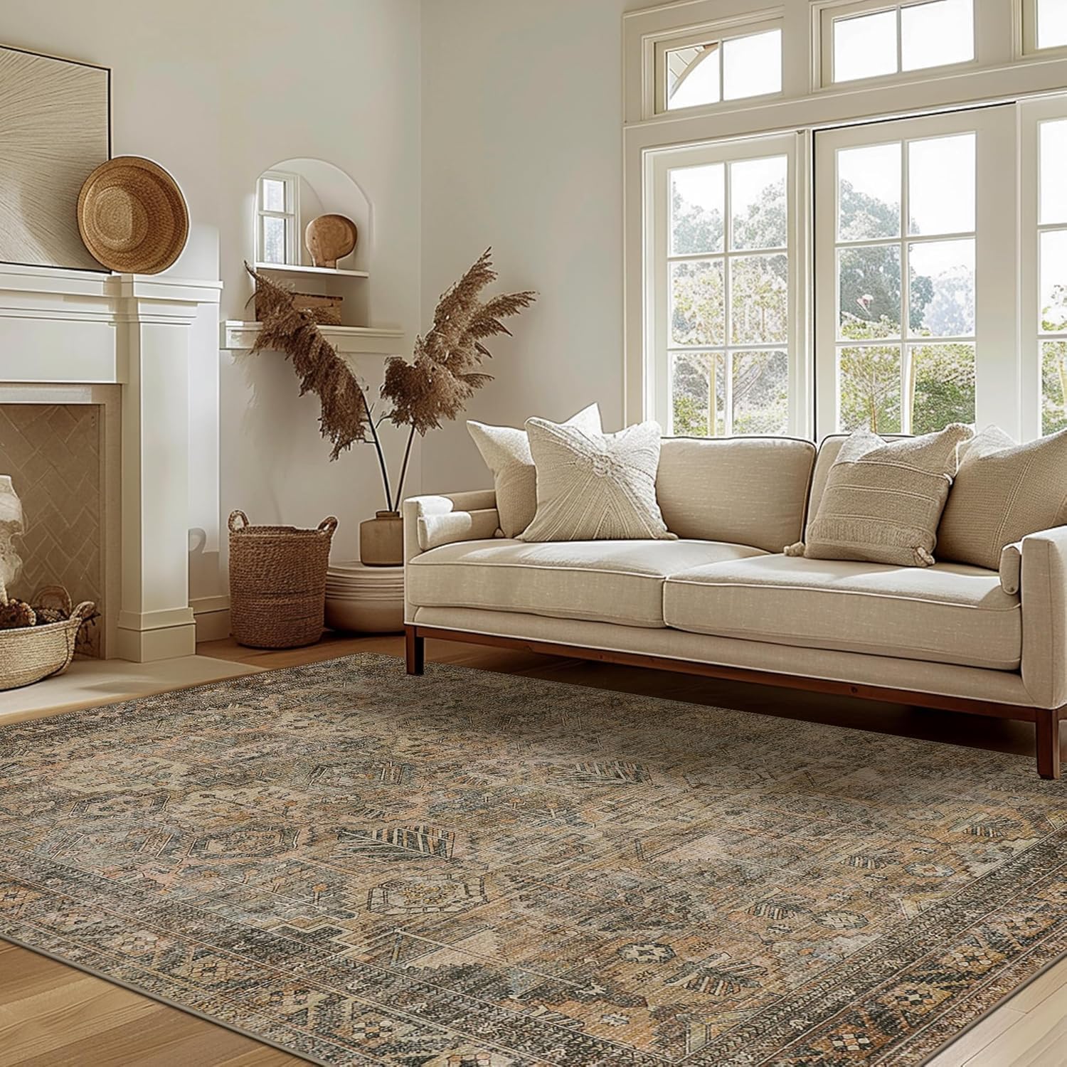 Bavni rug styled in living room under coffee table, adds warmth and easy-care comfort