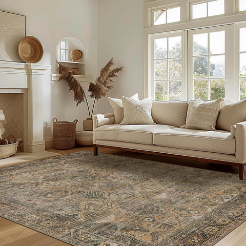 Bavni rug styled in living room under coffee table, adds warmth and easy-care comfort