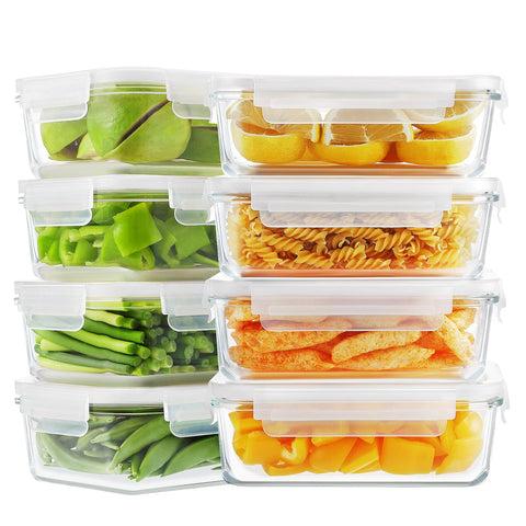 Bayco front pack view showing eight glass containers and lids, practical storage